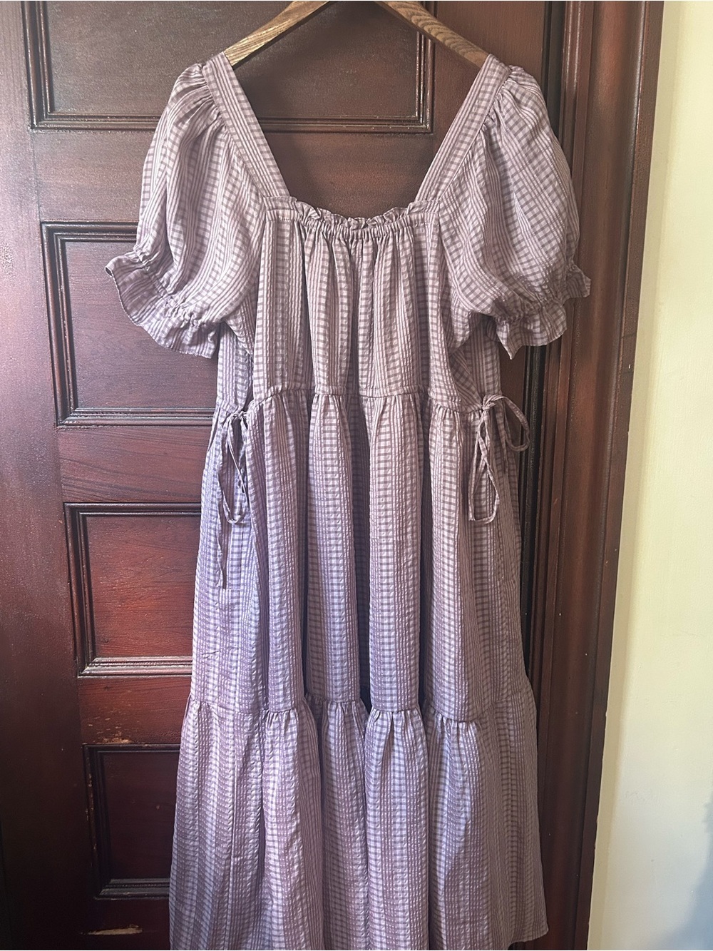 Madewell Purple Plaid Square Neck Tiered Textured Seersucker Midi Size Medium - Picture 8 of 12